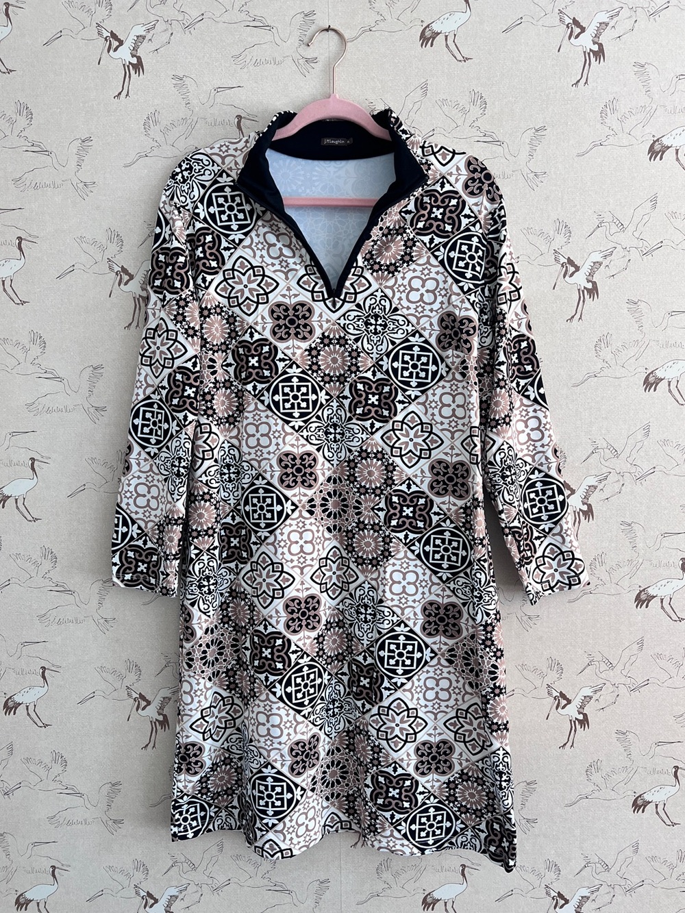 J. McLaughlin brown and tan medallion printed long sleeve dress quarter zip